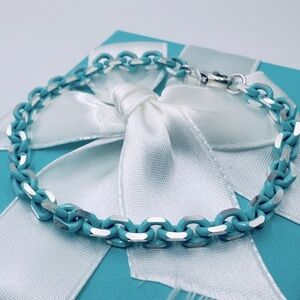 RARE Tiffany & Co. Blue Enamel Sparkle Chain Bracelet Sterling Silver with Case